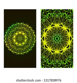 Set Of Template Greeting Card, Invitation With Space For Text. Mandala Design. Vector Illustration. Black green color.