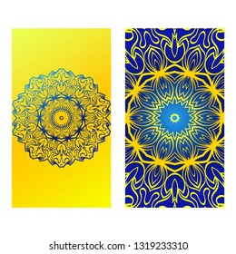 Set Of Template Greeting Card, Invitation With Space For Text. Mandala Design. Vector Illustration. Yellow blue color.