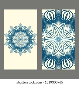 Set Of Template Greeting Card, Invitation With Space For Text. Mandala Design. Vector Illustration. Pastel blue color.