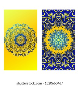Set Of Template Greeting Card, Invitation With Space For Text. Mandala Design. Vector Illustration. Yellow blue color.