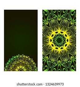 Set Of Template Greeting Card, Invitation With Space For Text. Mandala Design. Vector Illustration. Black green color.