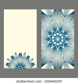 Set Of Template Greeting Card, Invitation With Space For Text. Mandala Design. Vector Illustration. Pastel blue color.
