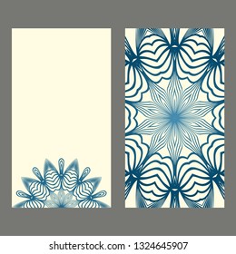 Set Of Template Greeting Card, Invitation With Space For Text. Mandala Design. Vector Illustration. Pastel blue color.