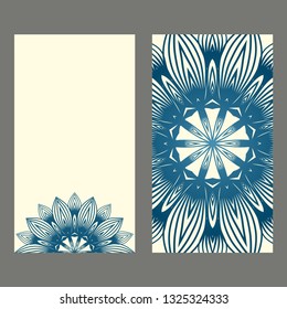 Set Of Template Greeting Card, Invitation With Space For Text. Mandala Design. Vector Illustration. Pastel blue color.