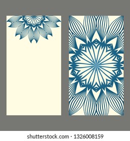 Set Of Template Greeting Card, Invitation With Space For Text. Mandala Design. Vector Illustration. Pastel blue color.