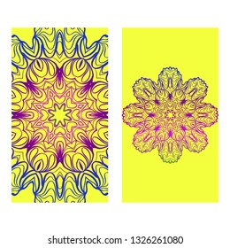 Set Of Template Greeting Card, Invitation With Space For Text. Mandala Design. Vector Illustration. Rainbow color.
