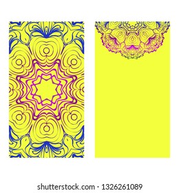 Set Of Template Greeting Card, Invitation With Space For Text. Mandala Design. Vector Illustration. Rainbow color.