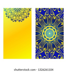 Set Of Template Greeting Card, Invitation With Space For Text. Mandala Design. Vector Illustration. Yellow blue color.