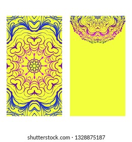 Set Of Template Greeting Card, Invitation With Space For Text. Mandala Design. Vector Illustration. Rainbow color.