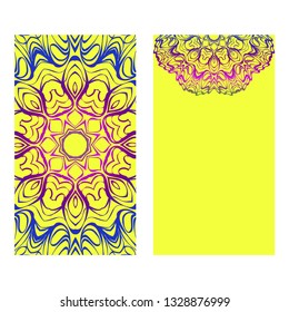 Set Of Template Greeting Card, Invitation With Space For Text. Mandala Design. Vector Illustration. Rainbow color.