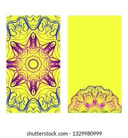 Set Of Template Greeting Card, Invitation With Space For Text. Mandala Design. Vector Illustration. Rainbow color.