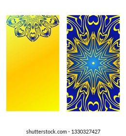 Set Of Template Greeting Card, Invitation With Space For Text. Mandala Design. Vector Illustration. Yellow blue color.