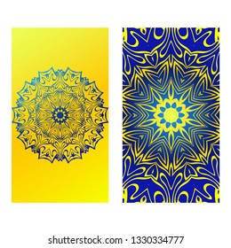 Set Of Template Greeting Card, Invitation With Space For Text. Mandala Design. Vector Illustration. Yellow blue color.