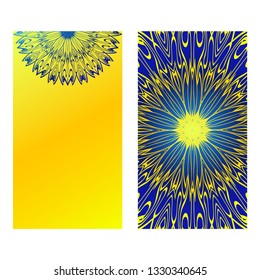 Set Of Template Greeting Card, Invitation With Space For Text. Mandala Design. Vector Illustration. Yellow blue color.