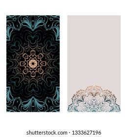 Set Of Template Greeting Card, Invitation With Space For Text. Mandala Design. Vector Illustration. Fantasy color.