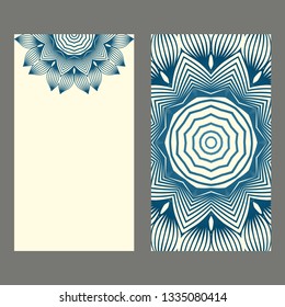Set Of Template Greeting Card, Invitation With Space For Text. Mandala Design. Vector Illustration. Pastel blue color.