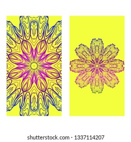 Set Of Template Greeting Card, Invitation With Space For Text. Mandala Design. Vector Illustration. Rainbow color.