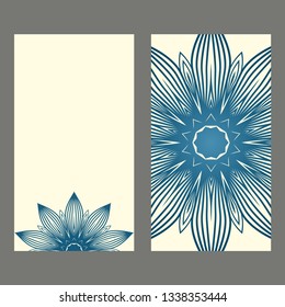 Set Of Template Greeting Card, Invitation With Space For Text. Mandala Design. Vector Illustration. Pastel blue color.