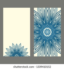 Set Of Template Greeting Card, Invitation With Space For Text. Mandala Design. Vector Illustration. Pastel blue color.