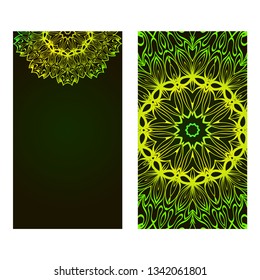 Set Of Template Greeting Card, Invitation With Space For Text. Mandala Design. Vector Illustration. Black green color.