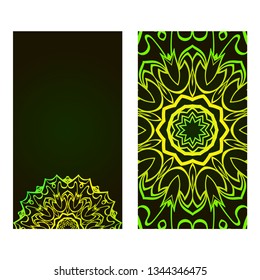 Set Of Template Greeting Card, Invitation With Space For Text. Mandala Design. Vector Illustration. Black green color.