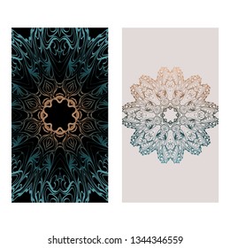 Set Of Template Greeting Card, Invitation With Space For Text. Mandala Design. Vector Illustration. Fantasy color.