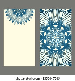 Set Of Template Greeting Card, Invitation With Space For Text. Mandala Design. Vector Illustration. Pastel blue color.