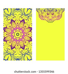 Set Of Template Greeting Card, Invitation With Space For Text. Mandala Design. Vector Illustration. Rainbow color.