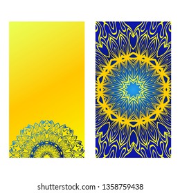 Set Of Template Greeting Card, Invitation With Space For Text. Mandala Design. Vector Illustration. Yellow blue color.
