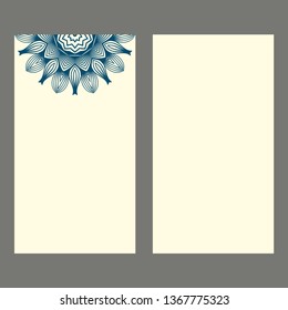 Set Of Template Greeting Card, Invitation With Space For Text. Mandala Design. Vector Illustration. Pastel blue color.