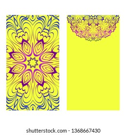 Set Of Template Greeting Card, Invitation With Space For Text. Mandala Design. Vector Illustration. Rainbow color.