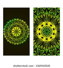 Set Of Template Greeting Card, Invitation With Space For Text. Mandala Design. Vector Illustration. Black green color.