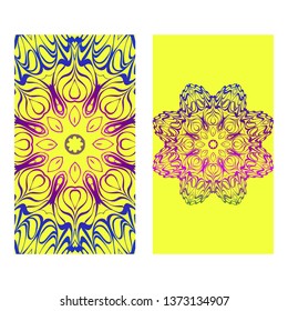 Set Of Template Greeting Card, Invitation With Space For Text. Mandala Design. Vector Illustration. Rainbow color.