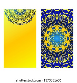 Set Of Template Greeting Card, Invitation With Space For Text. Mandala Design. Vector Illustration. Yellow blue color.