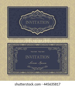 Set of template greeting card, invitation and advertising banner, brochure with space for text. Vintage Invitation or wedding card with damask pattern and elegant floral elements in dark blue and gold