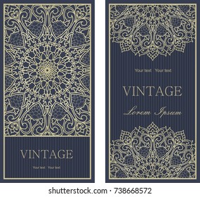 Set of Template greeting card, invitation and advertising banner, brochure with space for text. Vintage Invitation or wedding card with damask pattern and elegant floral elements in dark blue and gold