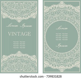 Set of Template greeting card, invitation and advertising banner, brochure with space for text. Vintage Invitation or wedding card with damask pattern and elegant floral elements in green and beige
