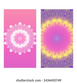 Set of template holiday card. Floral Color Mandala. Arabic, Indian, Motifs. Vector Illustration.