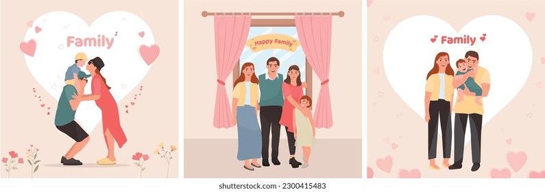 set of template icons for International Day of Families with concept of happy family Father Mother Son Daughter, illustration with Pink Flower Wreath Background.