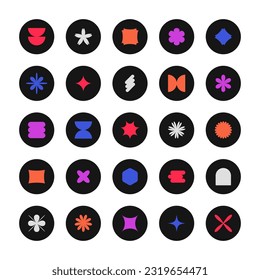 Set of template icons in minimalist brutalist style. Design futuristic shapes, signs, symbols, geometric figures for social highlights, cover, stickers, business. Vector 