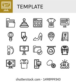 Set of template icons such as Computer, Folders, Pyramid, Add, T shirt, Certificate, Hot air balloon, Red card, High heels, Placeholder, Menu, Folder, Signboard, Shirt , template