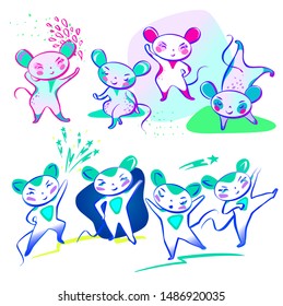 Set template image for Happy new year 2020 with white rat, mice. Lunar horoscope sign year 2020. Funny sketch line  isolate silhouette mouse with long tail. Fun robot style Vector illustration.