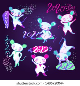 Set template image for Happy new year 2020 with white rat, mice. Lunar horoscope sign year 2020. Funny sketch line  isolate silhouette mouse with long tail. Fun robot style Vector illustration.