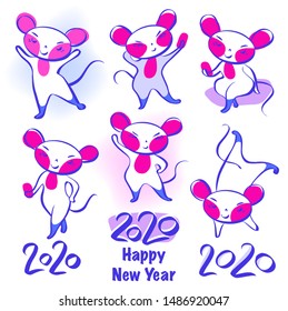 Set template image for Happy new year 2020 with white rat, mice. Lunar horoscope sign year 2020. Funny sketch line  isolate silhouette mouse with long tail. Fun robot style Vector illustration.