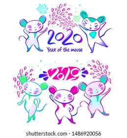 Set template image for Happy new year 2020 with white rat, mice. Lunar horoscope sign year 2020. Funny sketch line  isolate silhouette mouse with long tail. Fun robot style Vector illustration.