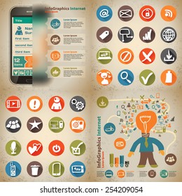set Template for infographic with content in the cloud and devices in vintage style