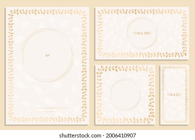 set of template invitation cards for celebration with frame from climbing plant. Beige and gold shades. Wedding frames with leaves. Vector