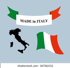 Set template for Italy. Map of country. Ribbon. Logo for Italian production. Evolving flag of State.
