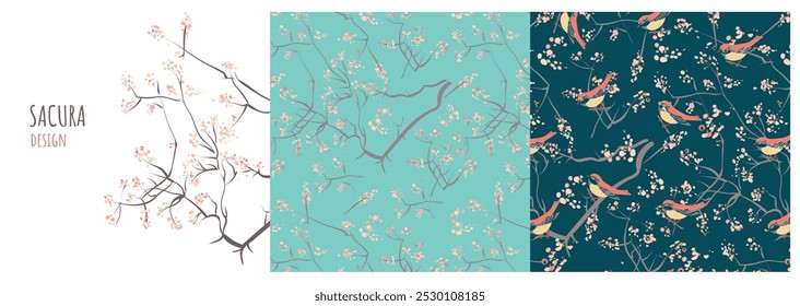 Plantilla de sakura japonesa florecer y pequeños pájaros lindos. Patrón de flores de cerezo y pájaros sin fisuras. Elegante fondo floral de Vector. Adorno Abstractas con flores de cerezo rosa, ramitas grises.