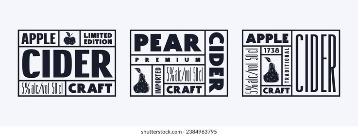 Set of template label for apple and pear cider. Vector illustration. Black print on white background
